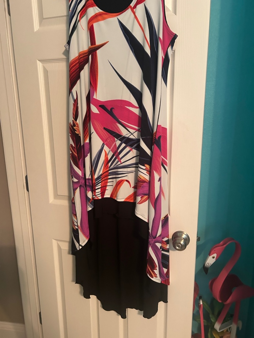 eva varro High-Low Tropical Print Dress in White, Pink, Black